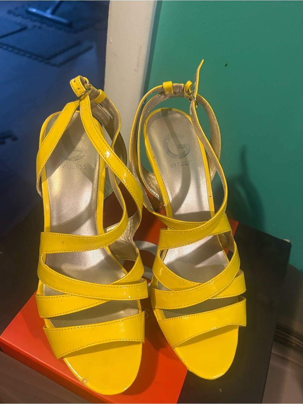 G by Guess Yellow Patent Strappy Heels